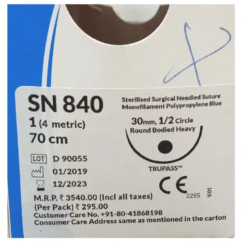 Sutures India Trulene USP 1, 1/2 Circle Round Body Heavy - SN 840 / SN 843
