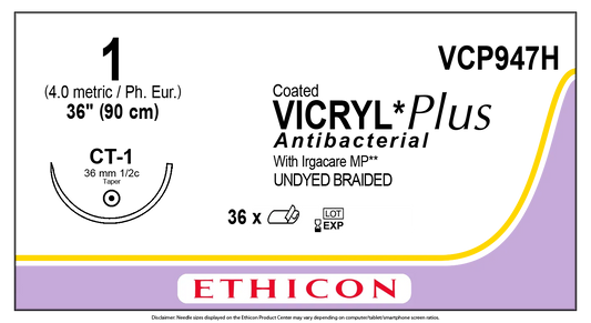 Ethicon Vicryl Plus Sutures USP 1, 1/2 Circle Taper Point CT-1 - VCP947H