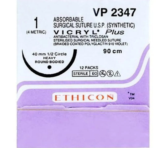 Ethicon Vicryl Plus Sutures USP 1, 1/2 Circle Round Body Heavy VP 2347