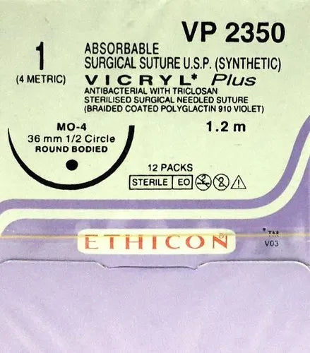 Ethicon Vicryl Plus Sutures USP 1, 1/2 Circle Round Body VP 2350