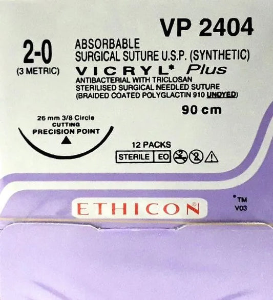 Vicryl Plus Sutures USP 2-0, 3/8 Circle Cutting - VP 2404