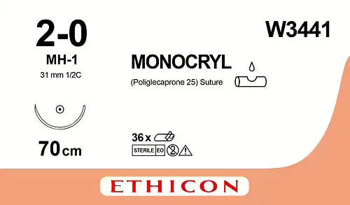 Ethicon Monocryl Sutures USP 2-0, 1/2 Circle Round Body MH-1 - W3441