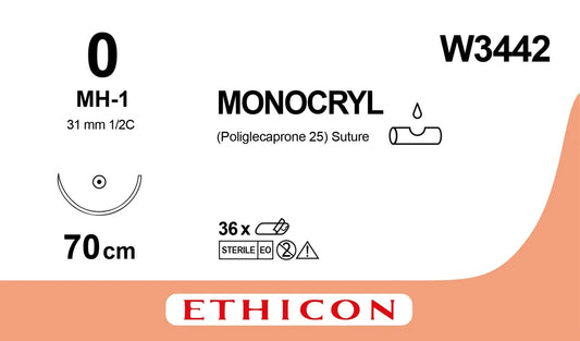 Ethicon Monocryl Sutures USP 0, 1/2 Circle Round Body MH-1 - W3442