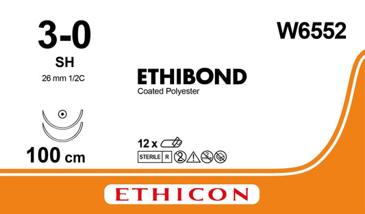 Ethicon Ethibond Sutures USP 3-0, 1/2 Circle Round Body SH Double Needle - W6552
