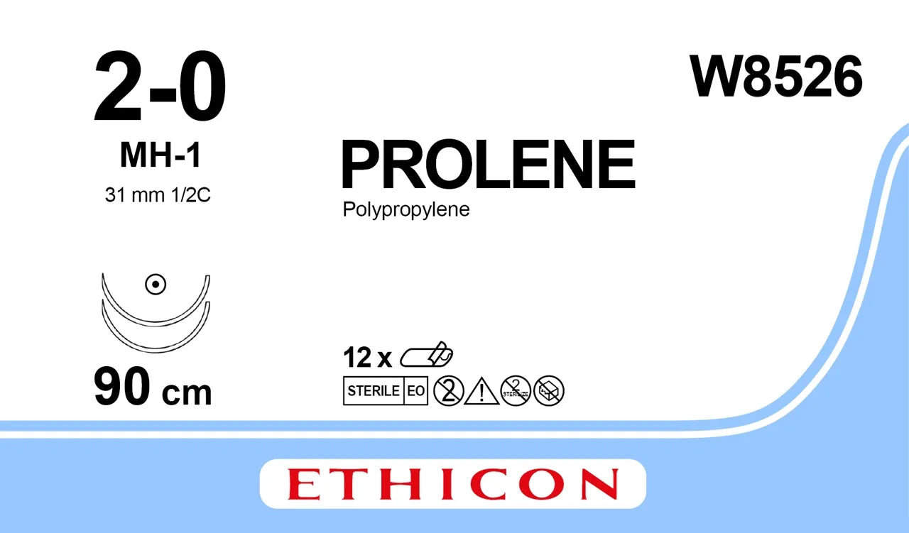 Ethicon Prolene Sutures USP 2-0, 1/2 Circle Round Body MH-1 Double Needle W8526