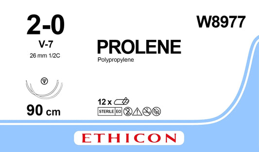 Ethicon Prolene Sutures USP 2-0, 1/2 Circle Tapercut V-7 Double Needle W8977
