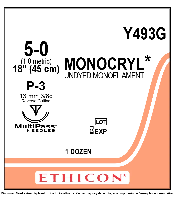 Ethicon Monocryl Sutures USP 5-0, 3/8 Circle Reverse Cutting P-3 Ethiprime - Y493G