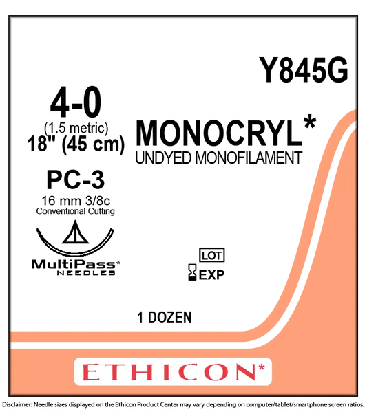 Ethicon Monocryl Sutures USP 4-0, 3/8 Circle Cutting Precision Cosmetic PC-3 - Y845G
