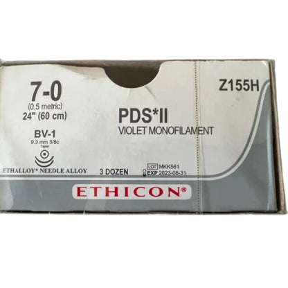 Ethicon PDS II Sutures USP 7-0, 3/8 Circle Taper Point BV-1 Double Needle - Z155H -12 Foils