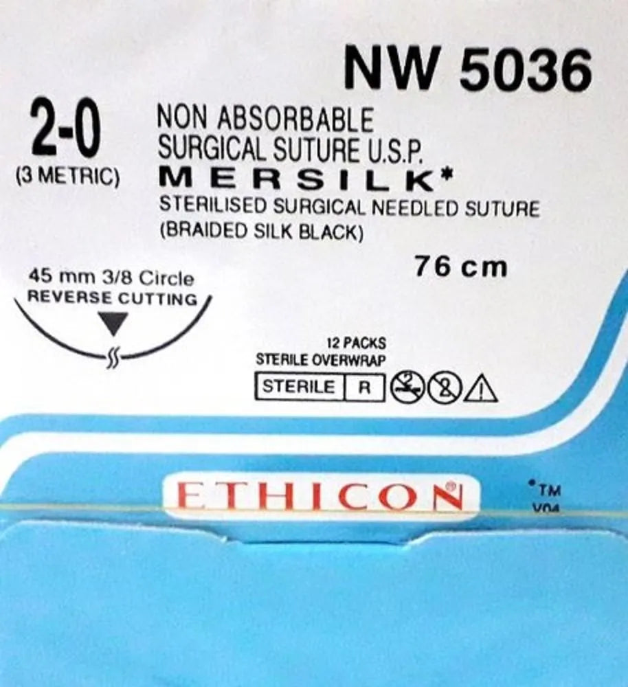 Ethicon Mersilk Sutures USP 2-0, 3/8 Circle Reverse Cutting - NW 5036 -12 Foils
