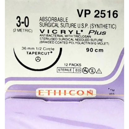 Ethicon Vicryl Plus Sutures USP 3-0, 1/2 Circle Tapercut - VP 2516