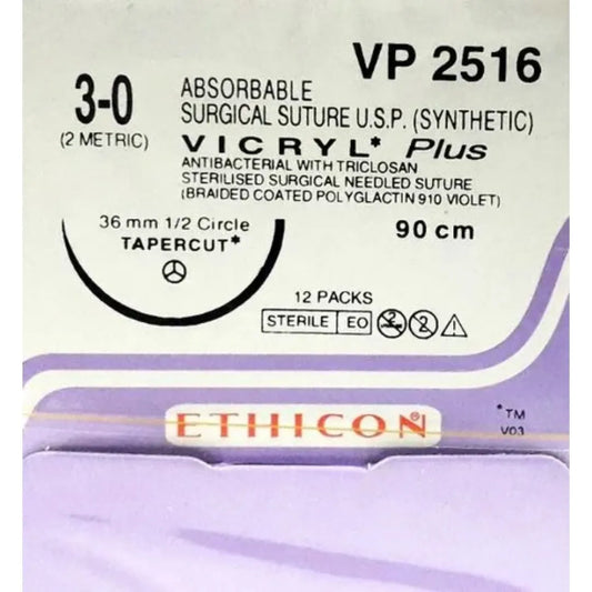 Ethicon Vicryl Plus Sutures USP 3-0, 1/2 Circle Tapercut - VP 2516
