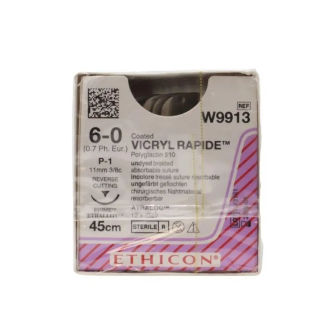 Ethicon Vicryl Rapide Sutures USP 6-0, 3/8 Circle Reverse Cutting Prime P-1 - W9913