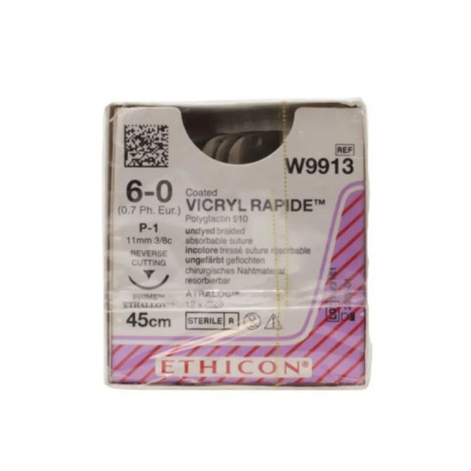 Ethicon Vicryl Rapide Sutures USP 6-0, 3/8 Circle Reverse Cutting Prime P-1 - W9913