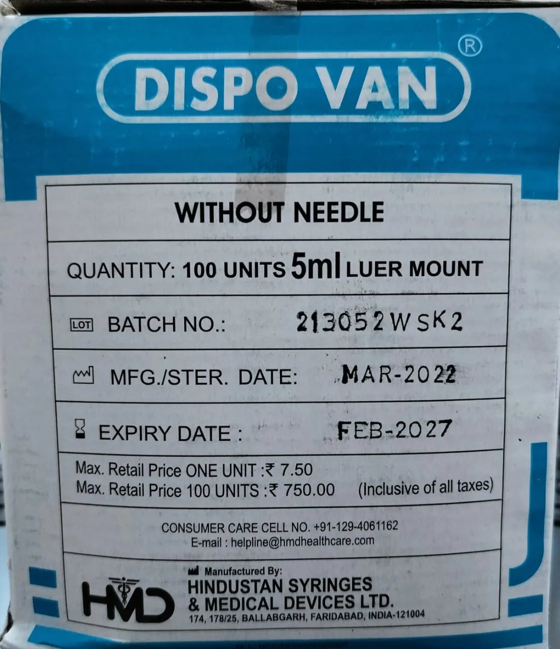 Dispo Van 5 ML Syringe Without Needle - 100 Units Pack;-